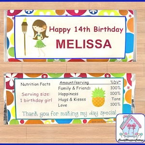 Luau Birthday Chocolate Candy Bar Wrappers Tropical Party includes Foils, Personalized Favors PRINTED
