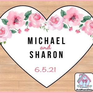 PRINTED Wedding Pink Roses Heart Shaped Labels, Heart Shaped Wedding Favor Labels, Heart Shaped Stickers, Personalized Heart Labels