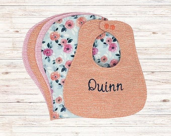 Baby Bib Personalized, Pink Floral Custom Bib Embroidered with Monogram, Bib and Burp Cloth Set, Baby Shower Gift For Girl