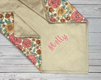 Boho Floral Blanket with Name, Custom Baby Blanket, Minky Lovey for Baby Girl, Infant Girls Gift for Niece, Toddler Blanket Personalized