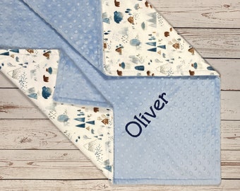 Personalized Boy Blanket, Woodland Baby Blanket, Arctic Animals Nursey Gift for Baby Boy, Minky Blanket with Name, Bears and Mountains