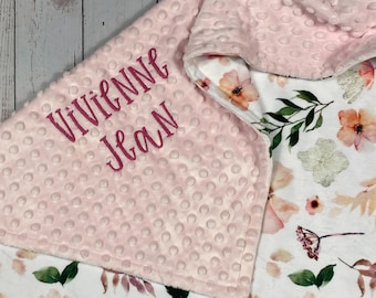 Pink Floral Baby Blanket Personalized, Custom Minky Blanket with Name, Embroidered Blanket for Toddler, Monogrammed Lovey for Baby Girl