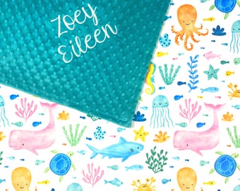 Under The Sea Baby Blanket with Name, Personalized Baby Girl Blanket, Ocean Baby Blanket, Dolphin Blanket for Toddler Girl
