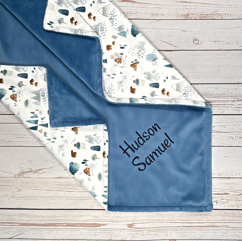 Personalized Boy Blanket, Woodland Baby Blanket, Arctic Animals Nursey Gift for Baby Boy, Minky Blanket with Name, Bears and Mountains image 5