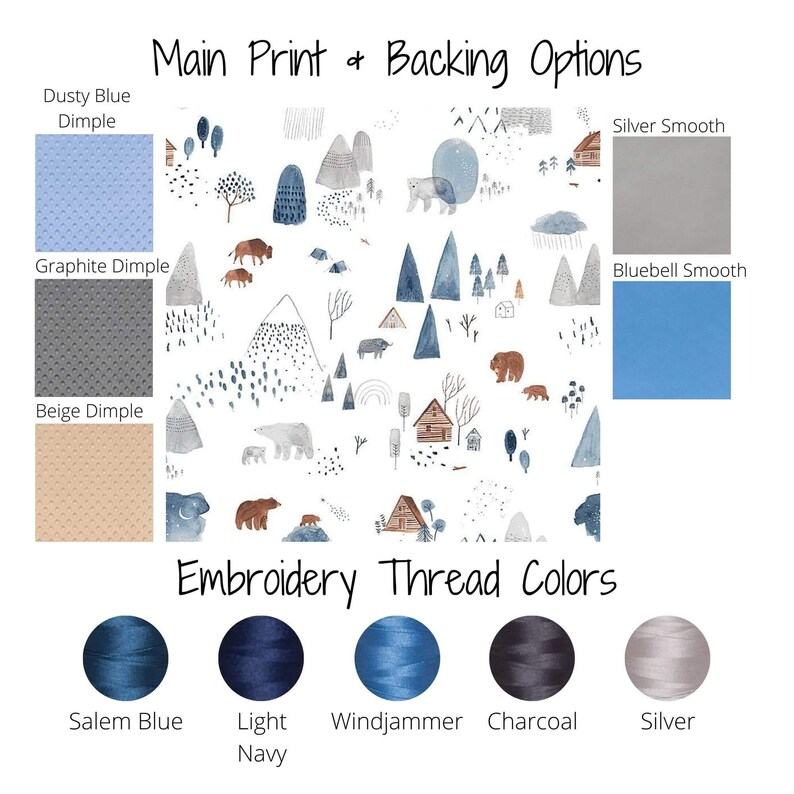 May include: A white fabric with a watercolor pattern of mountains, trees, bears, and cabins. The fabric is available in different colors and textures, including dusty blue, graphite, beige, silver, and bluebell. The image also shows embroidery thread colors: Salem blue, light navy, windjammer, charcoal, and silver.