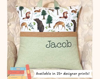 Reading Pillow with Pocket, Woodland Animals Pillows for Kids Book Nook,  Forest Animal Pillow Personalized, Woodland Toddler Room Décor