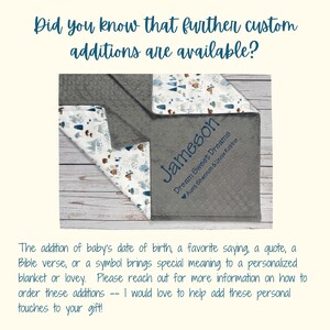 May include: A gray and white baby blanket with a woodland pattern. The blanket is personalized with the name "Jameson" and the text "Dream Sweet Dreams Aunt Shannon & Uncle Robbie".