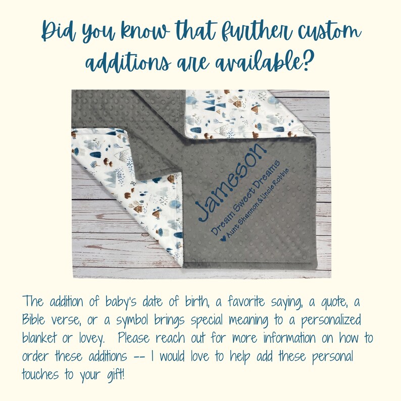May include: A gray and white baby blanket with a woodland pattern. The blanket is personalized with the name "Jameson" and the text "Dream Sweet Dreams Aunt Shannon & Uncle Robbie".