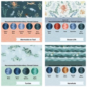 May include: A four-panel grid displaying fabric patterns featuring mermaids, ocean life, sea turtles, and narwhals. Each section includes a color palette of five circular embroidery thread swatches with labels like Salem Blue, Hazel, and Peach.