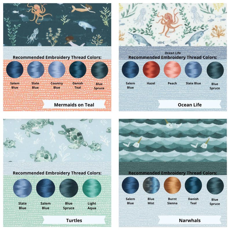 May include: A four-panel grid displaying fabric patterns featuring mermaids, ocean life, sea turtles, and narwhals. Each section includes a color palette of five circular embroidery thread swatches with labels like Salem Blue, Hazel, and Peach.