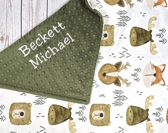 Forest Animal Baby Blanket with Personalization, Woodland Baby Blanket with Name, Newborn Baby Boy Gift, Woodland Minky Blanket for Toddler
