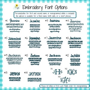May include: A digital chart titled Embroidery Font Options displaying fourteen numbered font styles and three monogram styles in dark teal. Each style shows the full alphabet in uppercase and lowercase letters, with sample names Jasmine, Jackson, and Jayden.