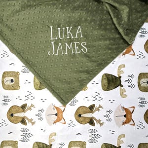 Forest Animal Baby Blanket with Personalization, Woodland Baby Blanket with Name, Newborn Baby Boy Gift, Woodland Minky Blanket for Toddler