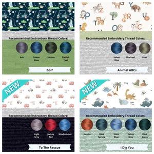 May include: A four-panel grid displaying fabric patterns and recommended embroidery thread colors. Patterns include golf, animal alphabet, emergency vehicles, and dinosaurs. Each section lists thread names like Ash, Salem Blue, and Sienna.