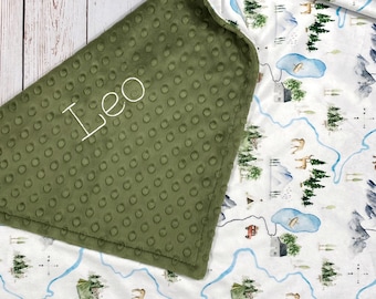 Camping Baby Blanket with Name, Personalized Blanket for Kids, Toddler Boy Blanket with Foxes, Mountain Baby Blanket, Camping Nursery Décor
