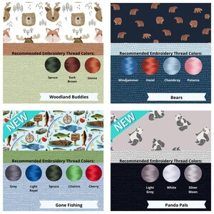 May include: A four-panel grid displaying fabric patterns and recommended embroidery thread colors. Patterns include Woodland Buddies, Bears, Gone Fishing, and Panda Pals. Each section lists specific thread color names like Spruce, Windjammer, and Cherry to coordinate with the designs.