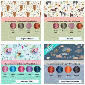 May include: Four fabric swatches featuring patterns of Highland cows, horses, mermaids, and sea creatures. Each section displays recommended embroidery thread colors with labels including Dusty Rose, Reed, Light Rose, Sienna, Pink Sorbet, Pacific Blue, Cabernet, Tulip, Danish Teal, Hazel, Salem Blue, Paprika, and Charcoal.