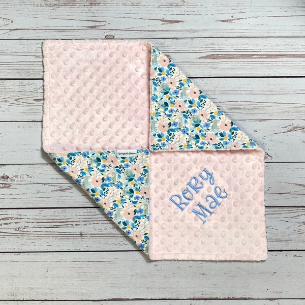Personalized Lovey for Babies, Lovey Blanket with Cat, Pink Floral Blanket for Baby Girl, Baby Shower Gift, Minky Lovie, Kitten Blanket