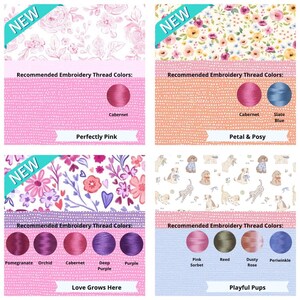 May include: A four-panel display showing fabric patterns with recommended embroidery thread colors. Patterns include pink florals, multi-colored flowers, purple botanical designs, and puppies. Each section lists thread names like Cabernet, Slate Blue, Pomegranate, Orchid, Deep Purple, Purple, Pink Sorbet, Reed, Dusty Rose, and Periwinkle.