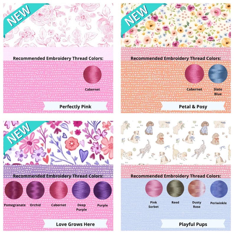 May include: A four-panel display showing fabric patterns with recommended embroidery thread colors. Patterns include pink florals, multi-colored flowers, purple botanical designs, and puppies. Each section lists thread names like Cabernet, Slate Blue, Pomegranate, Orchid, Deep Purple, Purple, Pink Sorbet, Reed, Dusty Rose, and Periwinkle.