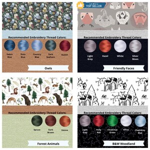 May include: A four-panel grid displaying fabric patterns and recommended embroidery thread colors. Patterns include owls, animal faces, forest animals, and black and white woodland scenes. Each section lists specific thread color names.