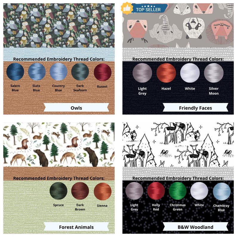 May include: A four-panel grid displaying fabric patterns and recommended embroidery thread colors. Patterns include owls, animal faces, forest animals, and black and white woodland scenes. Each section lists specific thread color names.
