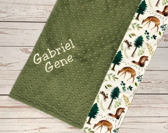 Forest Animal Baby Blanket with Personalization, Woodland Baby Blanket with Name, Newborn Baby Boy Gift, Woodland Minky Blanket for Toddler