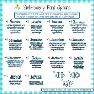 May include: A digital chart titled Embroidery Font Options displaying fourteen numbered font styles in dark teal text. Each style shows the full alphabet in uppercase and lowercase letters. Three monogram examples labeled M1, M2, and M3 are included.