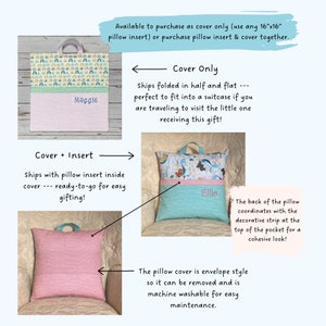 May include: A square pillow cover with a top section featuring a rainbow pattern and a bottom section with a pocket. The pocket displays embroidered names like Maggie or Ellie. It includes a top handle and an envelope-style back closure.