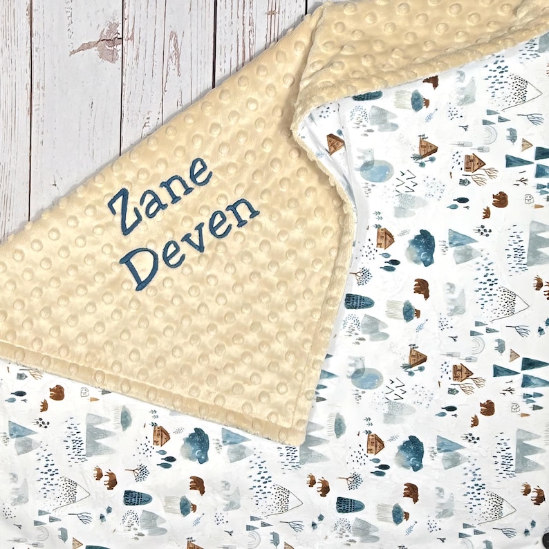 Personalized Boy Blanket, Woodland Baby Blanket, Arctic Animals Nursey Gift for Baby Boy, Minky Blanket with Name, Bears and Mountains image 6