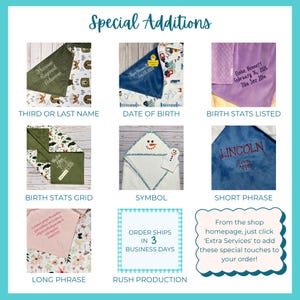 May include: A collage of baby blankets and towels featuring embroidery options including names, birth dates, birth stats, symbols, and phrases. The image displays various fabric colors and patterns, demonstrating customization services for personalized baby items.