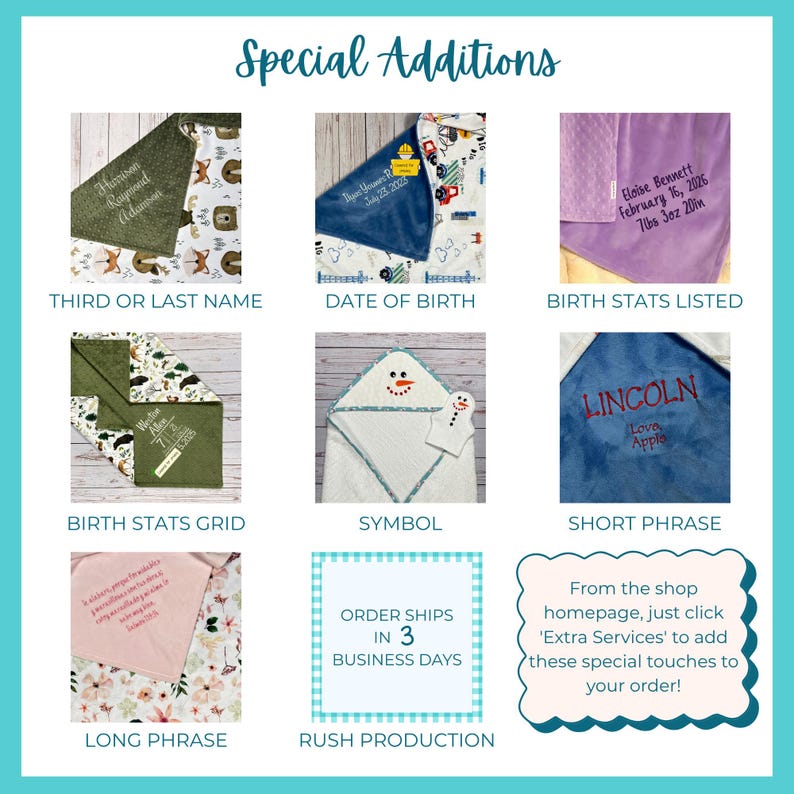 May include: A collage of baby blankets and towels featuring embroidery options including names, birth dates, birth stats, symbols, and phrases. The image displays various fabric colors and patterns, demonstrating customization services for personalized baby items.