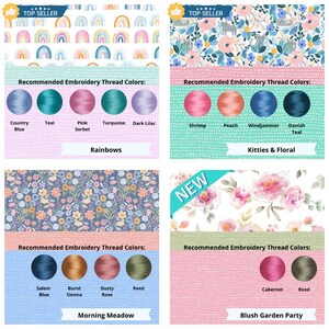 May include: A four-panel grid displaying fabric patterns and embroidery thread color palettes. Patterns include rainbows, kittens with flowers, a floral meadow, and blush flowers. Each section lists thread names like Country Blue, Shrimp, Salem Blue, and Cabernet.