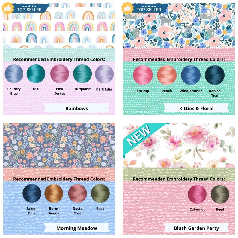 May include: A four-panel grid displaying fabric patterns and embroidery thread color palettes. Patterns include rainbows, kittens with flowers, a floral meadow, and blush flowers. Each section lists thread names like Country Blue, Shrimp, Salem Blue, and Cabernet.