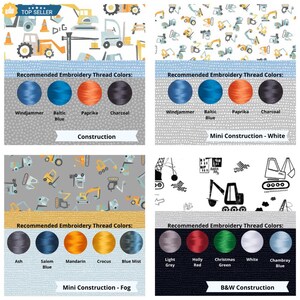 May include: A four-part grid displaying fabric patterns featuring construction vehicles. Each section includes a color palette labeled Recommended Embroidery Thread Colors with specific names like Windjammer, Baltic Blue, Paprika, and Charcoal.