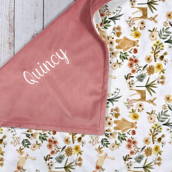 Woodland Baby Girl Blanket, Forest Animal Baby Blanket with Name, Personalized Toddler Blanket, Baby Girl Woodland Nursery Gifts