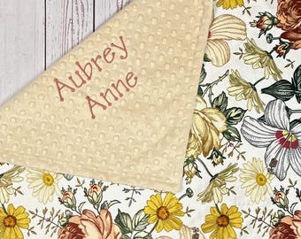 Vintage Floral Baby Blanket, Floral Minky Blanket, Boho Baby Blanket with Name, Personalized Gift for Baby Girl, Shabby Chic Nursery Décor