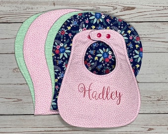 Personalized Bib and Burp Cloth Set, Baby Bib Embroidered for Newborn Girl Gift, Custom Bib for Girl with Blue and Pink Floral