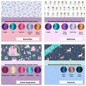 May include: A four-panel grid displaying fabric patterns and recommended embroidery thread colors. Patterns include butterflies, ballerinas, a castle scene, and unicorns. Each section lists specific thread color names below circular swatches.
