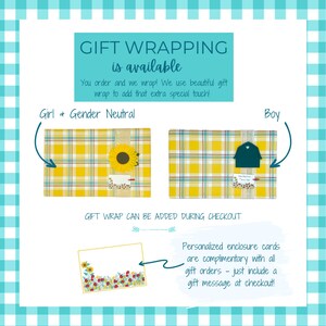 May include: Gift wrapping options for a package. The image shows two gift boxes wrapped in yellow and white plaid paper. One box has a sunflower on top and the other has a house. The text "Gift Wrapping is available" is at the top of the image. The text "Gift Wrap can be added during checkout" is below the boxes. The text "Personalized enclosure cards are complimentary with all gift orders - just include a gift message at checkout!" is on the right side of the image.