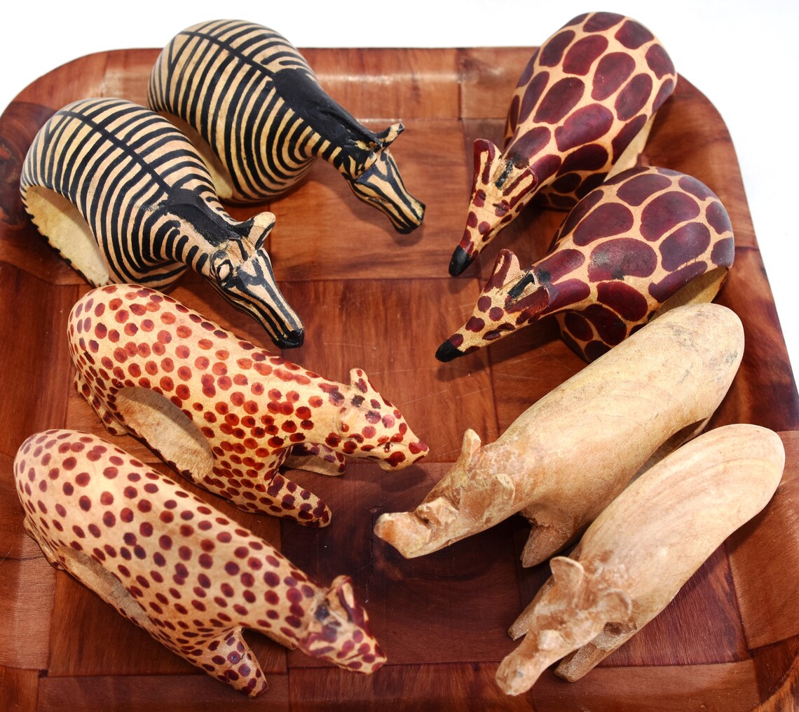 Vintage Set of 8 Hand Carved Wooden African Animal Safari Etsy