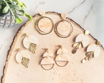 ATHENA Rose Quartz Geometric Polymer Clay Brass Statement Earrings