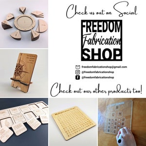 May include: A collection of laser cut wooden products, including a compass phone stand, a multiplication chart, a fact families learning tool, a number puzzle, and a set of number tiles. The products are made by Freedom Fabrication Shop, which is also featured in the image.