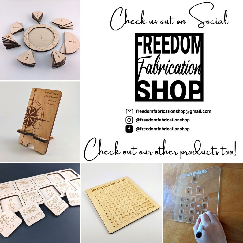 May include: A collection of laser cut wooden products, including a compass phone stand, a multiplication chart, a fact families learning tool, a number puzzle, and a set of number tiles. The products are made by Freedom Fabrication Shop, which is also featured in the image.