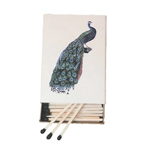 Handmade in USA, “Elegant Peacock” Large Matchbox. 3-Inch Black-Tipped Wooden Matchsticks. Vintage. Decorative & Collectible. 100% Recycled!