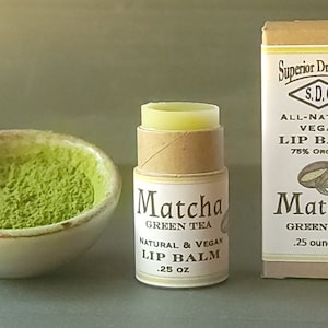 Bálsamo labial vegano de té verde matcha / 0.3 onzas / Totalmente natural / Bálsamo increíble y premium / Cero residuos / Ecológico