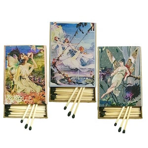 Handmade "Fairy Magic" Set of Three Matchboxes | USA | 3-Inch Black Tipped Wooden Matches | Gorgeous Fairies | Decorative | Recycled!