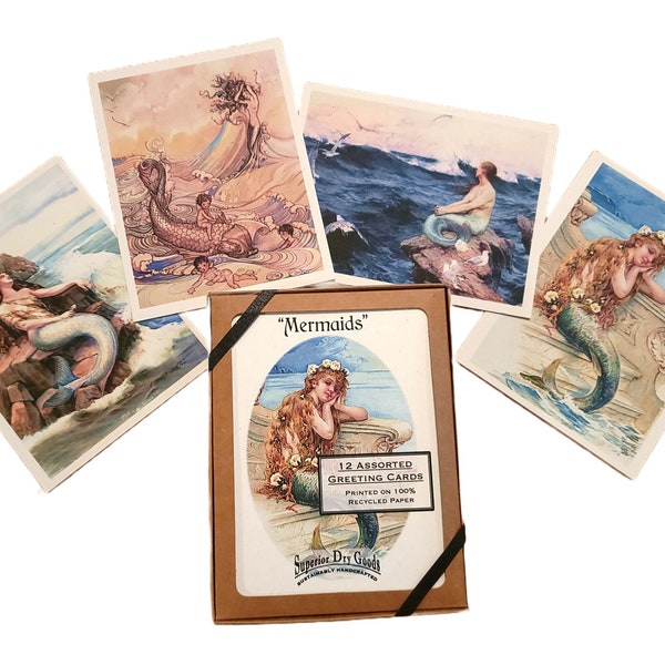 100% Recycled "Mermaids" Note Cards, Set of 12 Handmade Blank Greeting Cards. Antique, Vintage Art Prints.
