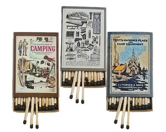 Handmade "Vintage Camping Gear" Set of 3 Matchboxes | USA | 3-Inch Wooden Matches | Zion, Yellowstone | Decorative, Collectible | Recycled!