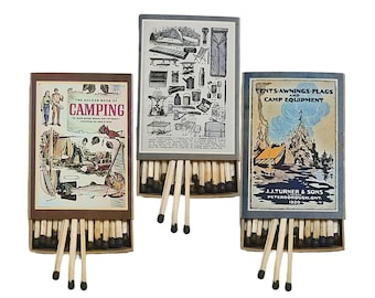 Handmade "Vintage Camping Gear" Set of 3 Matchboxes | USA | 3-Inch Wooden Matches | Zion, Yellowstone | Decorative, Collectible | Recycled!